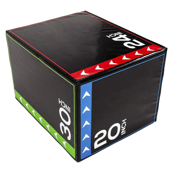 Black exercise box with measurements on a white background