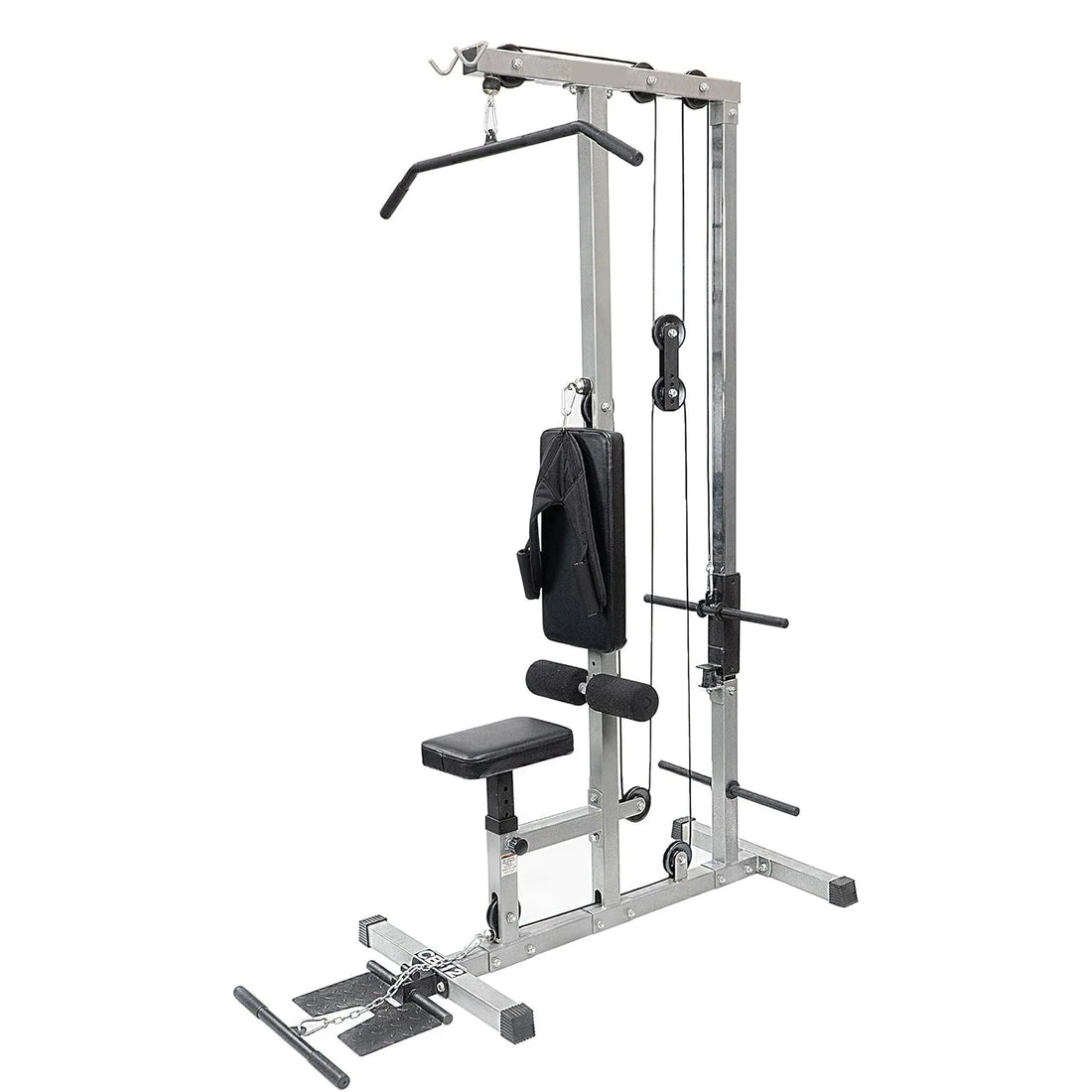 Gym equipment with various attachments on a white background