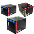 Set of black exercise cubes with varying sizes and measurements on a white background