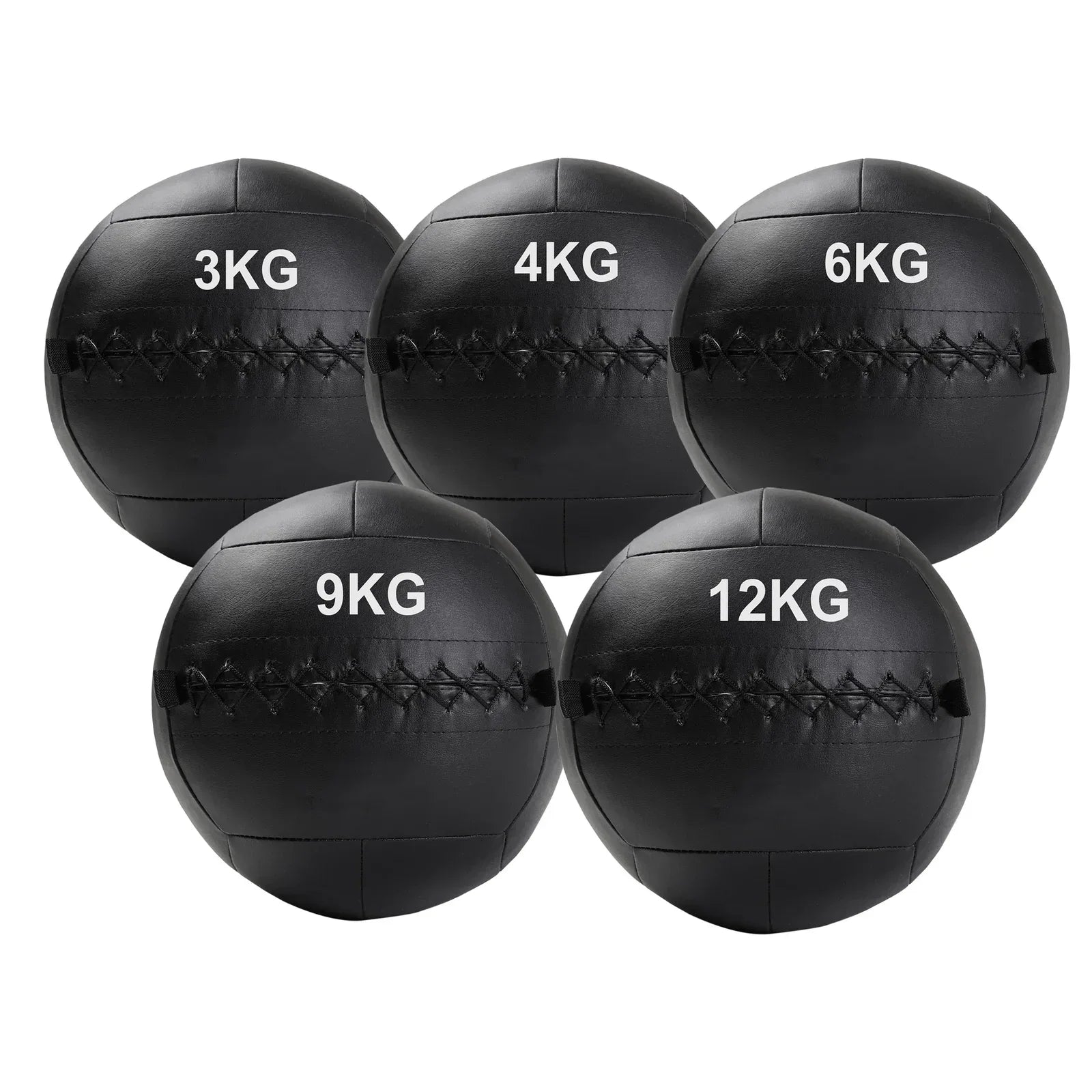 Set of five black weighted medicine balls with weight markings on a white background