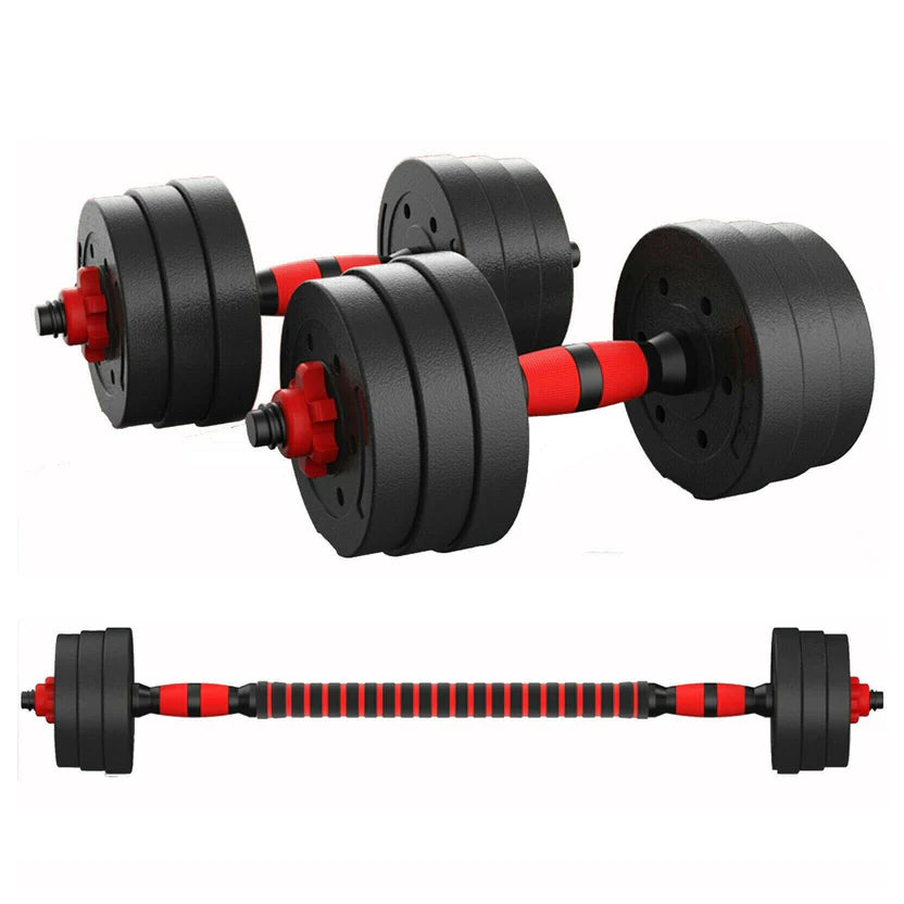 Pair of adjustable dumbbells with red accents on a white background