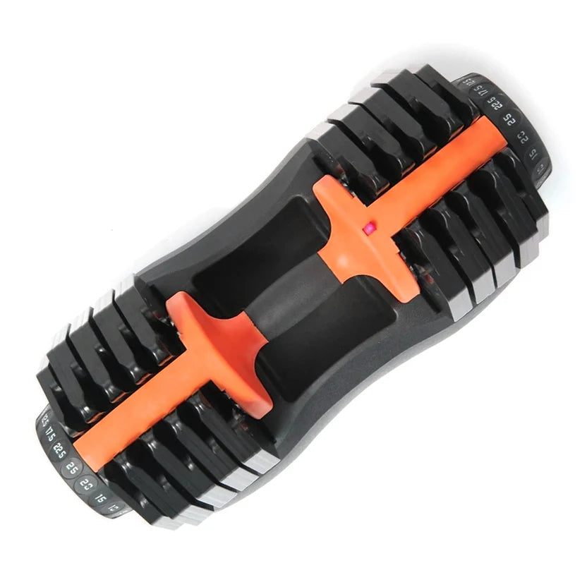 Pair of adjustable dumbbells with red accents on a white background
