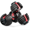 Pair of adjustable dumbbells with black and red design on a white background