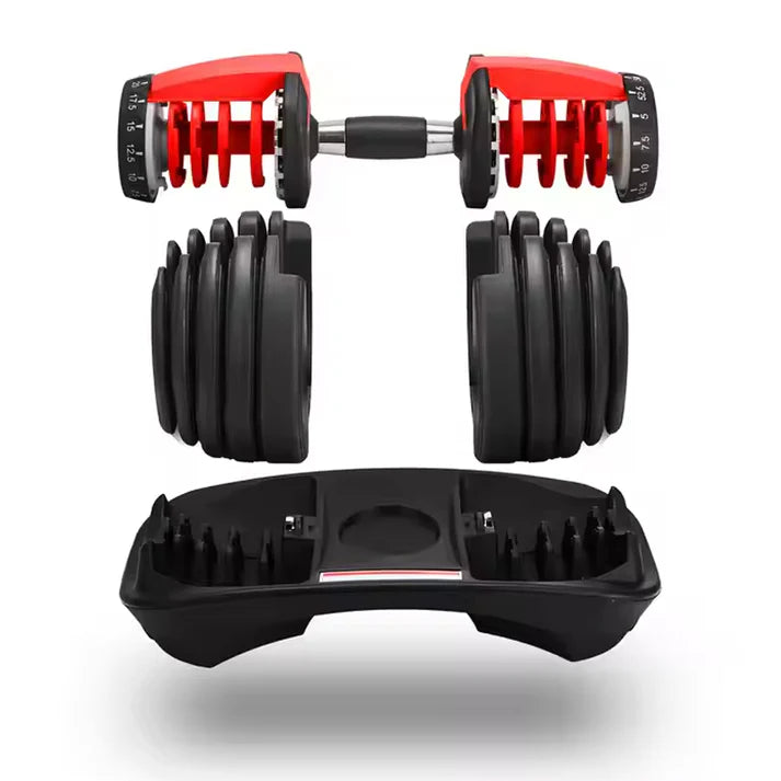 Pair of adjustable dumbbells with black and red design on a white background