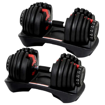 Pair of adjustable dumbbells on a white background