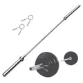 Barbell with weight plates and attachments on a white background