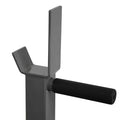 Metal door handle with black grip on a white background