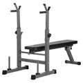 Weight bench with adjustable barbell stand on a white background