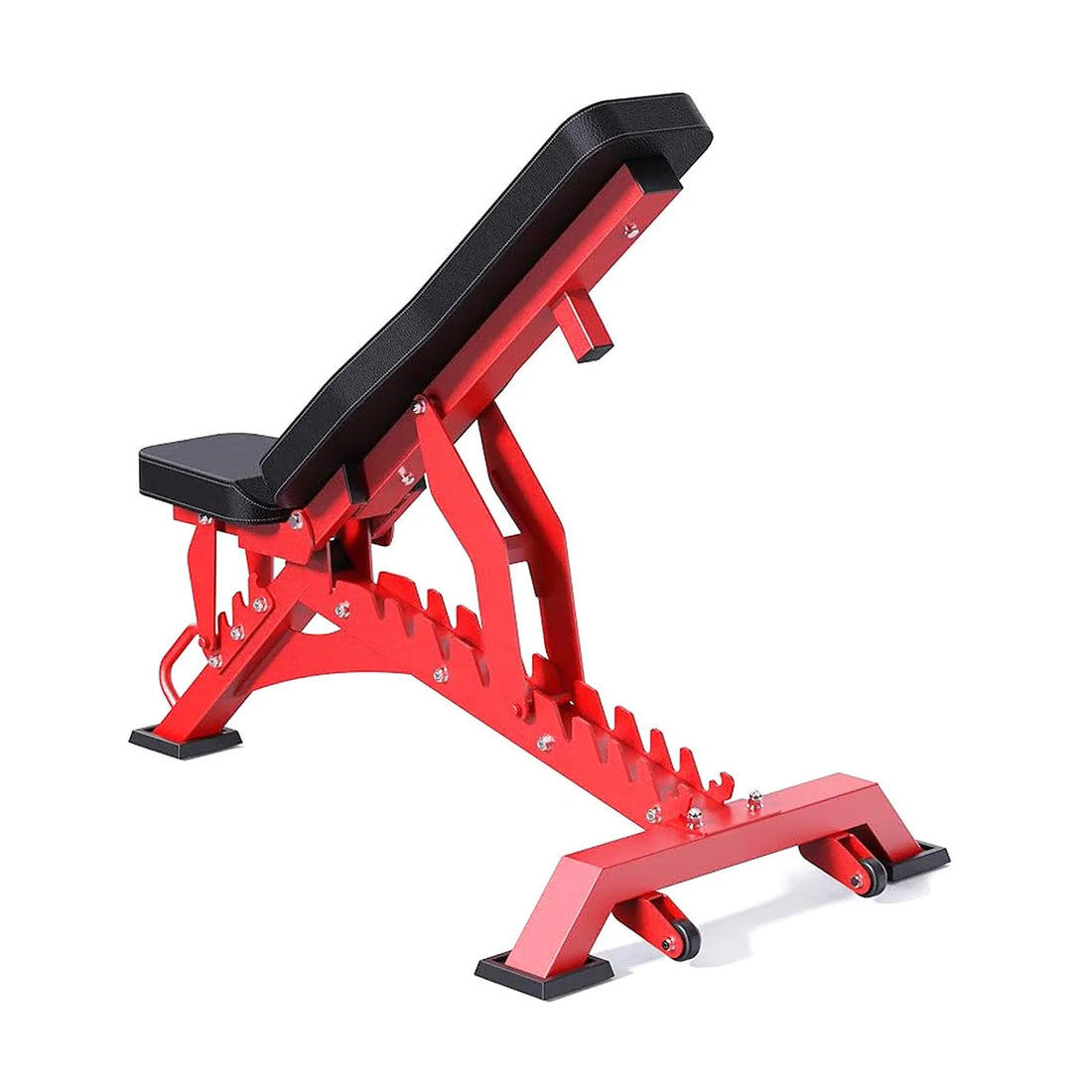 Red weight bench with black padding on a white background