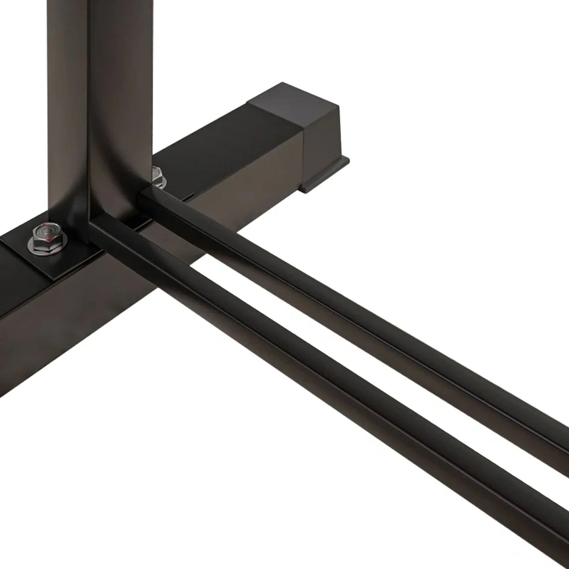 Close-up of a black metal frame corner on a white background