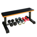 Black and orange weight bench with dumbbells on a white background