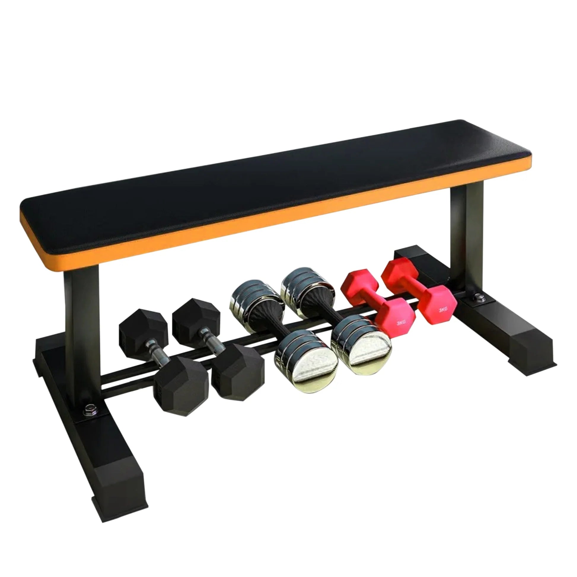 Black and orange weight bench with dumbbells on a white background