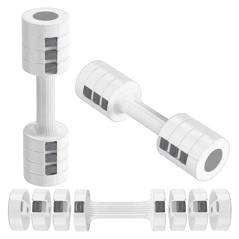 Set of adjustable dumbbells on a white background