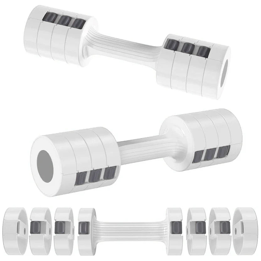 Set of adjustable dumbbells on a white background