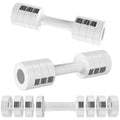 Pair of adjustable dumbbells with weight attachments on a white background