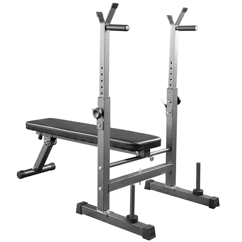 Weight bench with adjustable barbell stand on a white background