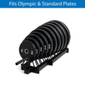Set of weight plates with a holder on a white background, labeled 'Fits Olympic & Standard Plates'.