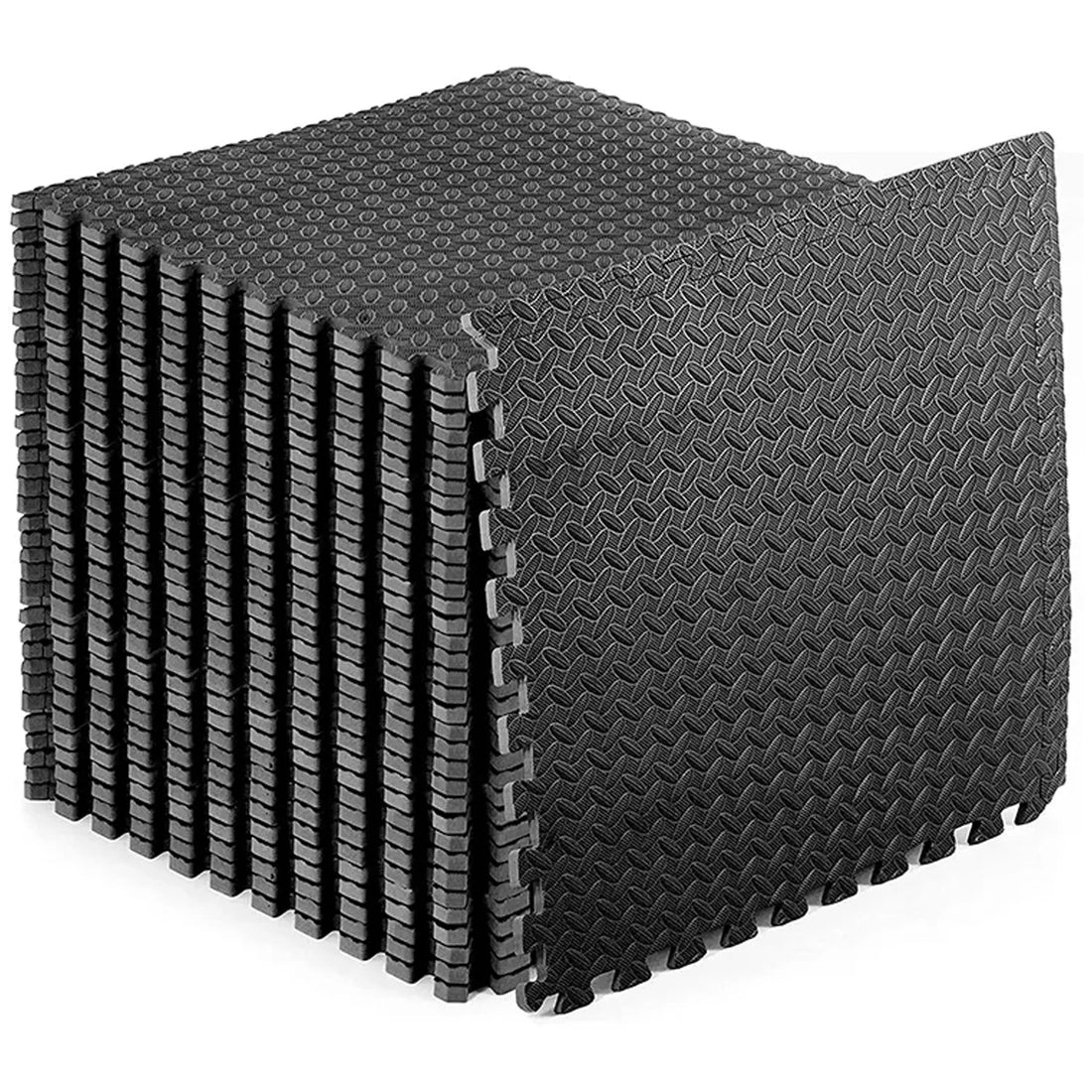 Stack of black interlocking foam mats on a white background