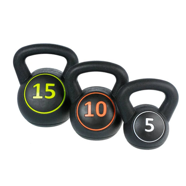 Set of three black kettlebells with weight markings on a white background