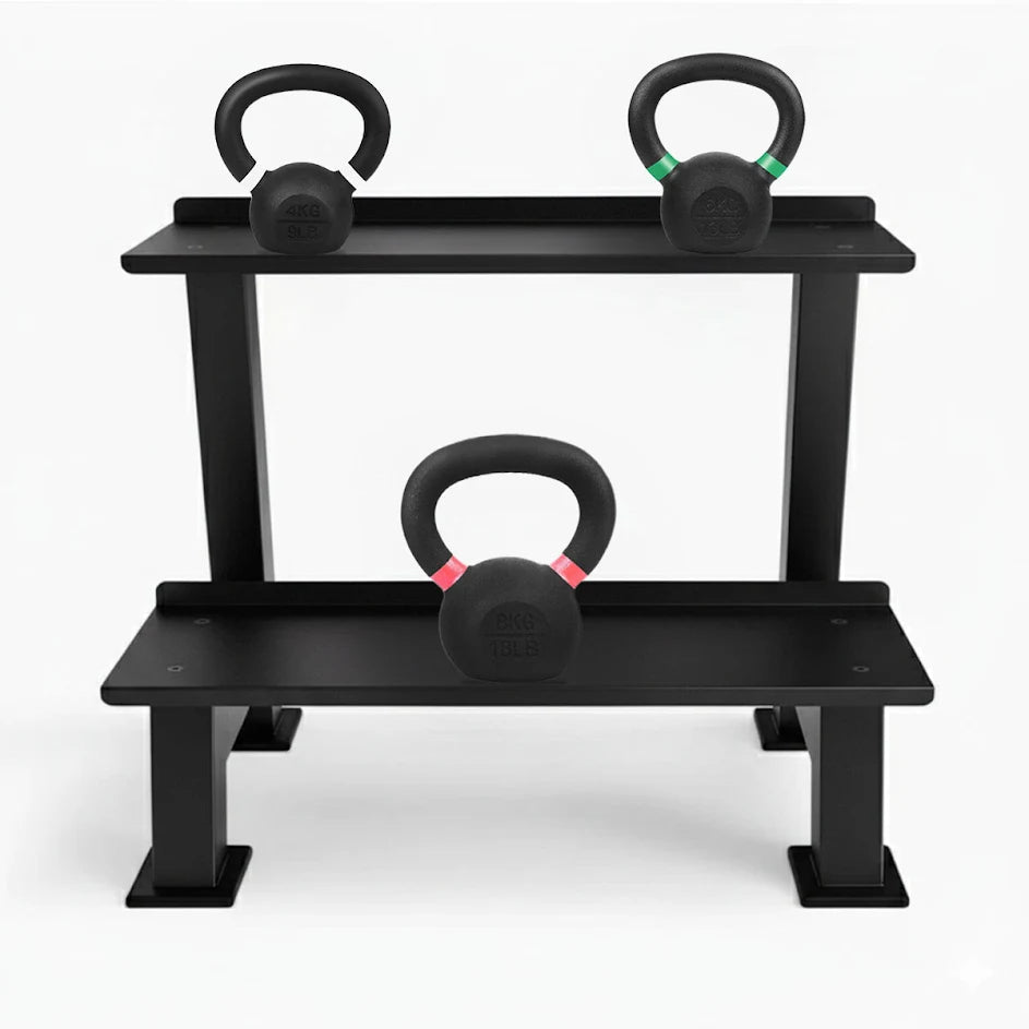 Black weight rack with three kettlebells on a white background