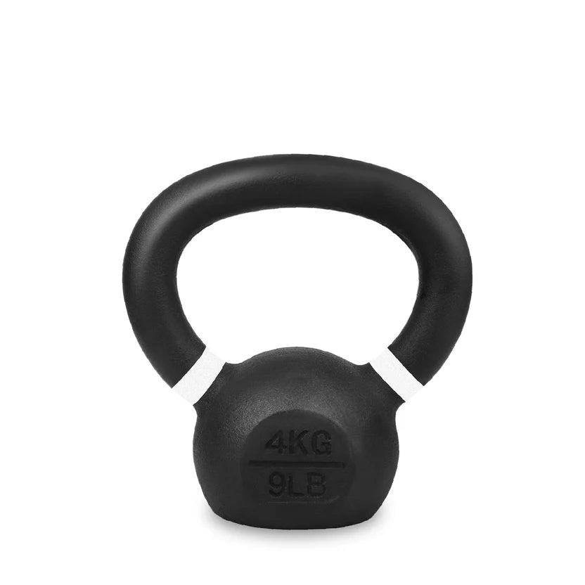 Black kettlebell with pink accents on a white background