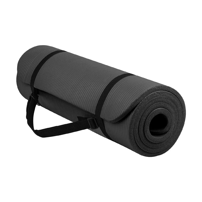 Four yoga mats in black, purple, gray, and blue on a white background