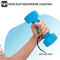 Blue dumbbell with non-slip neoprene coating held by a hand, emphasizing secure grip.