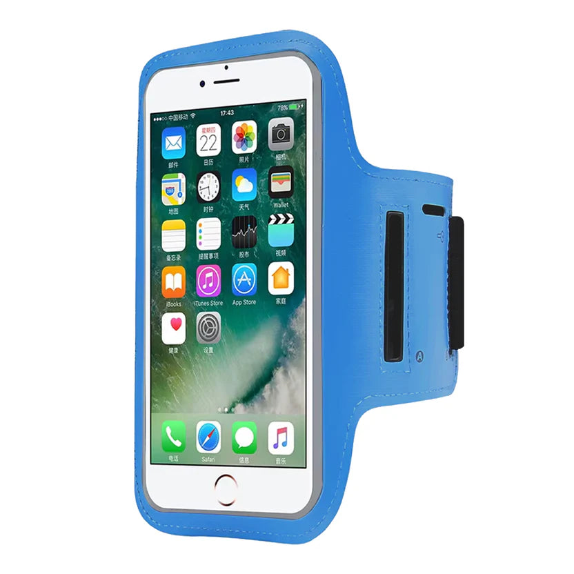 Black armband with smartphone displaying app icons on a white background