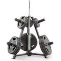 Weight plate stack with a stand on a white background