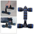 Black and blue exercise tool with handles on a white background