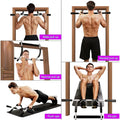 Man demonstrating various pull-up and exercise positions using a pull-up bar and weight bench.