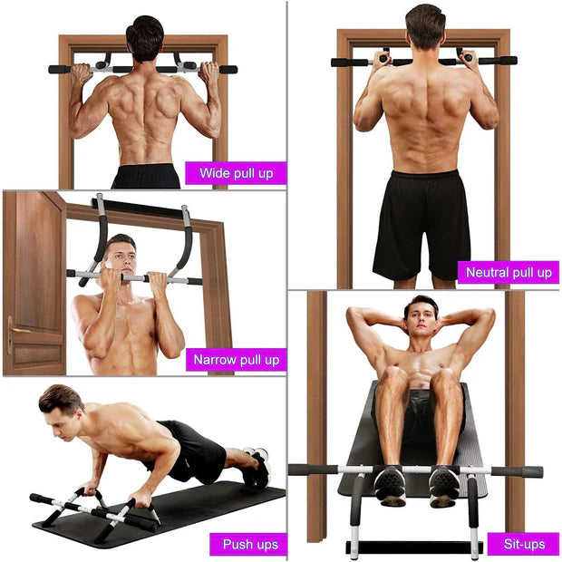 Man demonstrating various pull-up and exercise positions using a pull-up bar and weight bench.