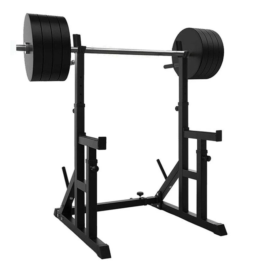 Black metal squat rack on a white background