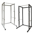 Two metal power rack frames, one silver and one black, on a white background.