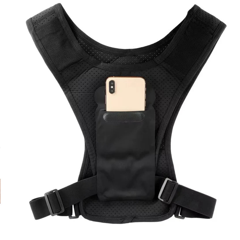 Black tactical vest with a pocket on a white background