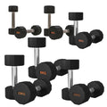 Set of black dumbbells with weight markings on a white background