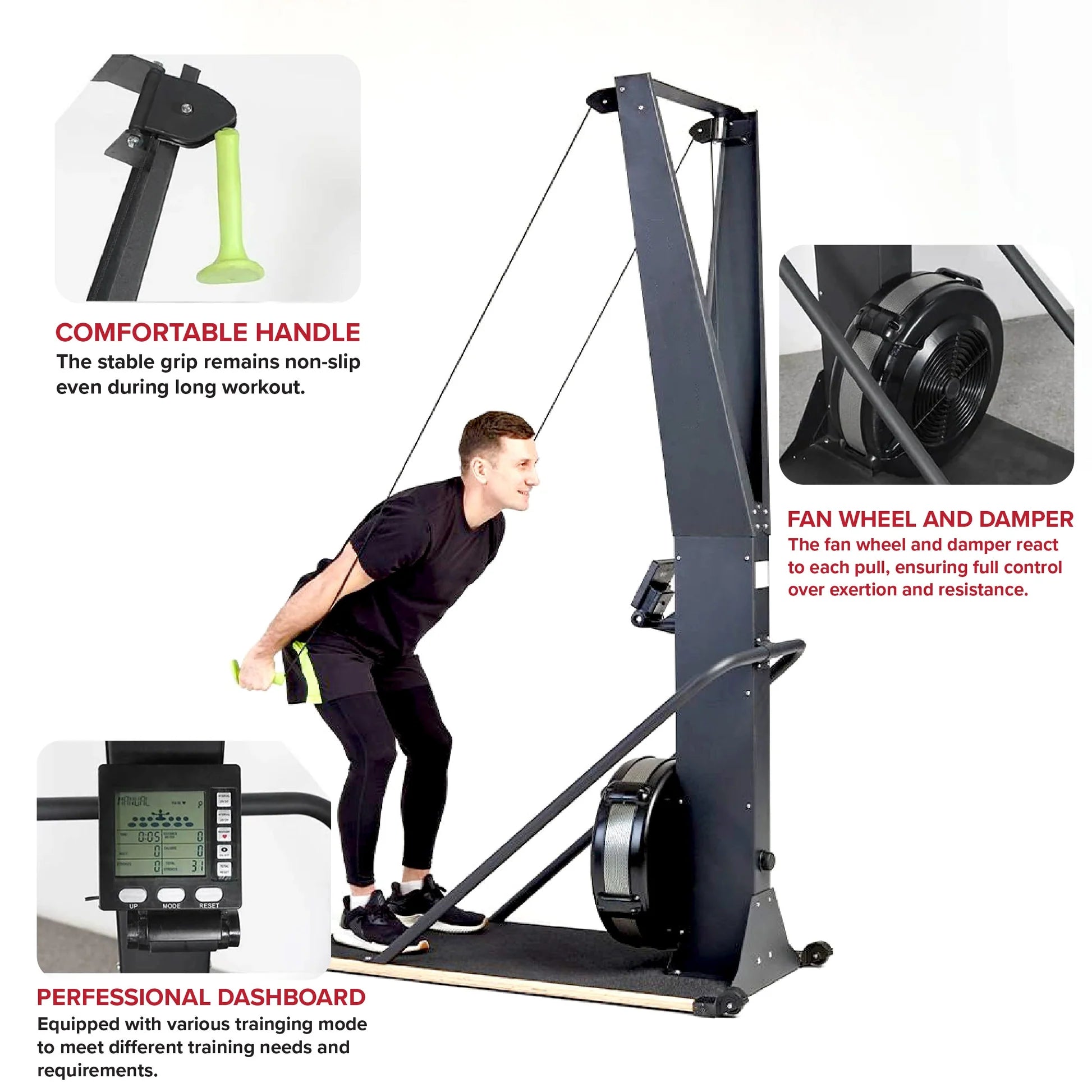Exerciser with features highlighted, including a comfortable handle, fan wheel and damper, and professional dashboard.