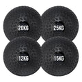 Four black dumbbells with weight markings on a white background