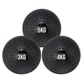 Three black weighted balls with 3kg, 4kg, and 5kg labels on a white background