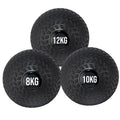 Three black textured dumbbells with weight markings on a white background