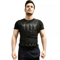Man wearing a black protective vest on a white background