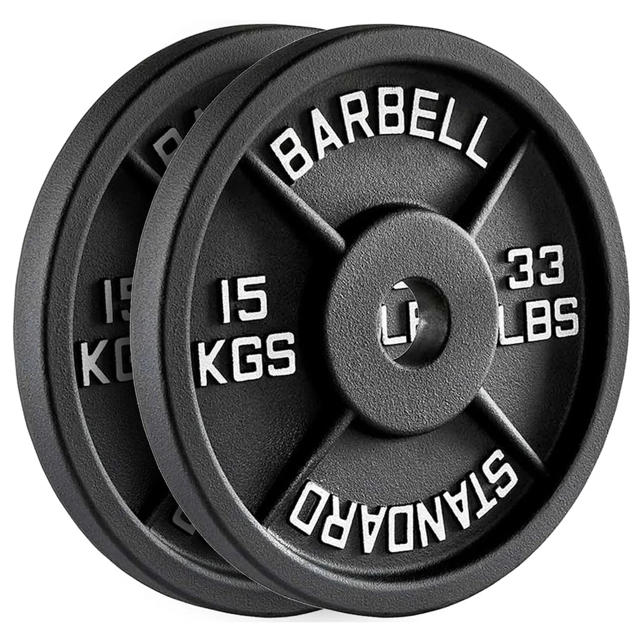 Two black weight plates with measurement labels on a white background