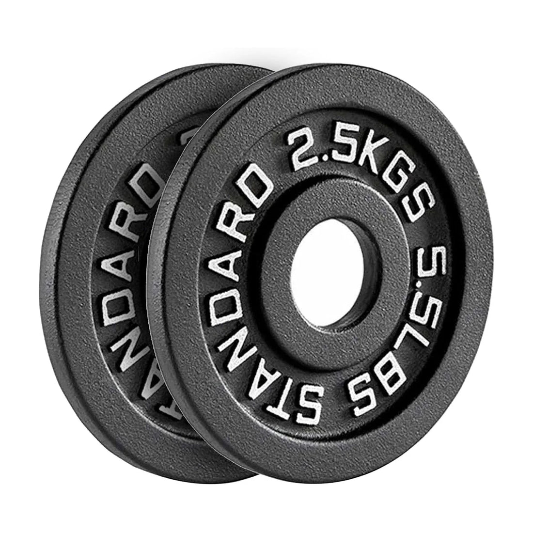 Two black weight plates with 'Standard' and '2.75KGS' text on a white background