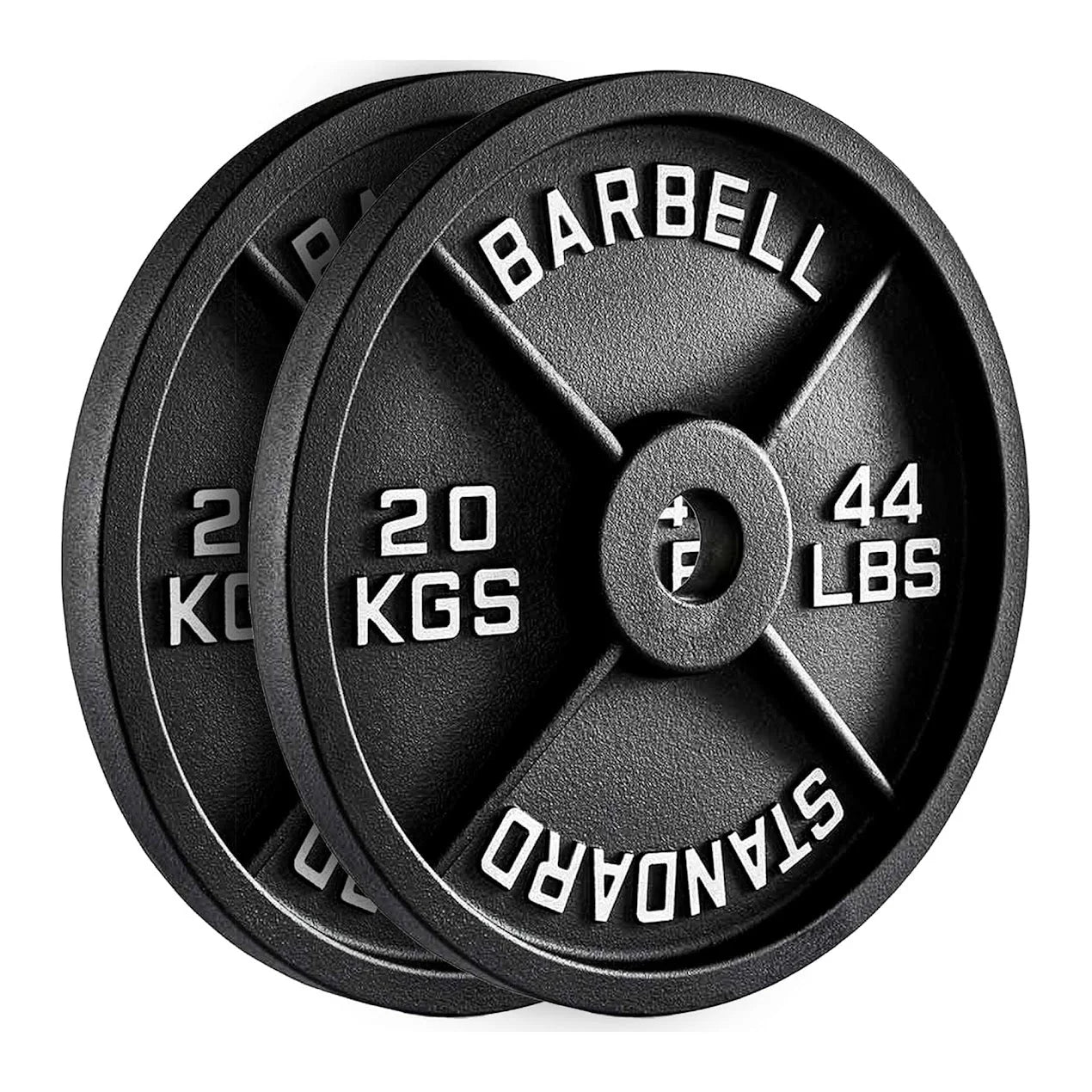 Two black weight plates with measurement labels on a white background