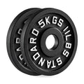 Two black weight plates with 'STANDARO' branding on a white background