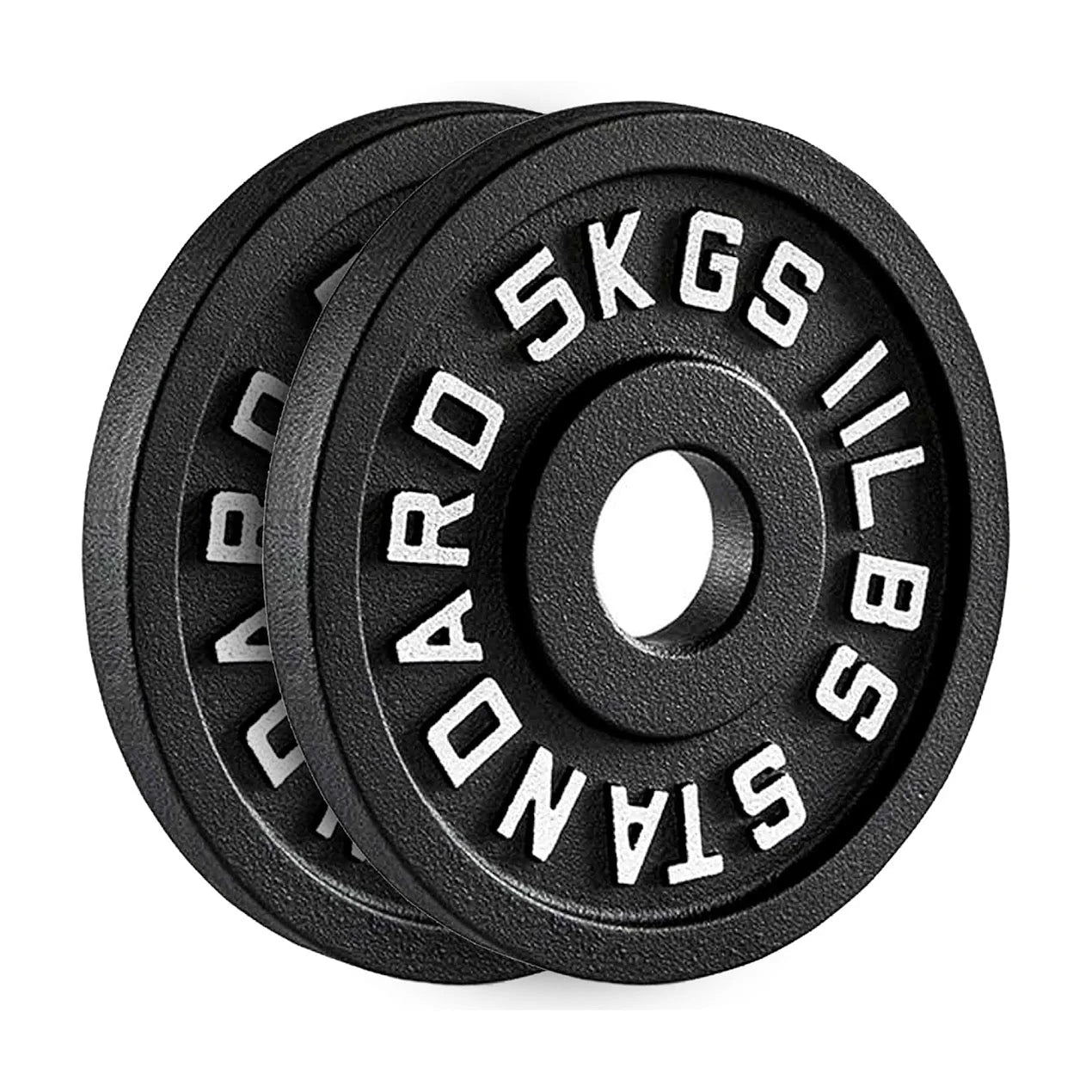 Two black weight plates with 'STANDARO' branding on a white background