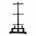 Black metal weightlifting stand with multiple barbell holders on a white background